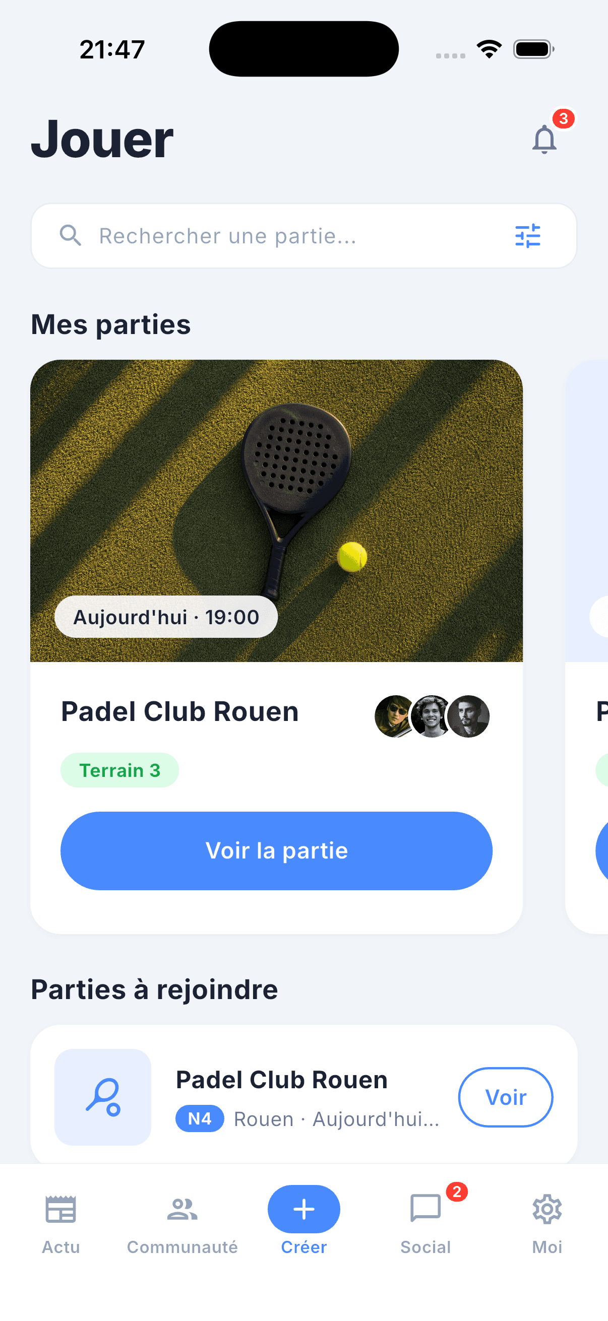 Écran EZPadel, L'algo te propose trois joueurs calibrés.